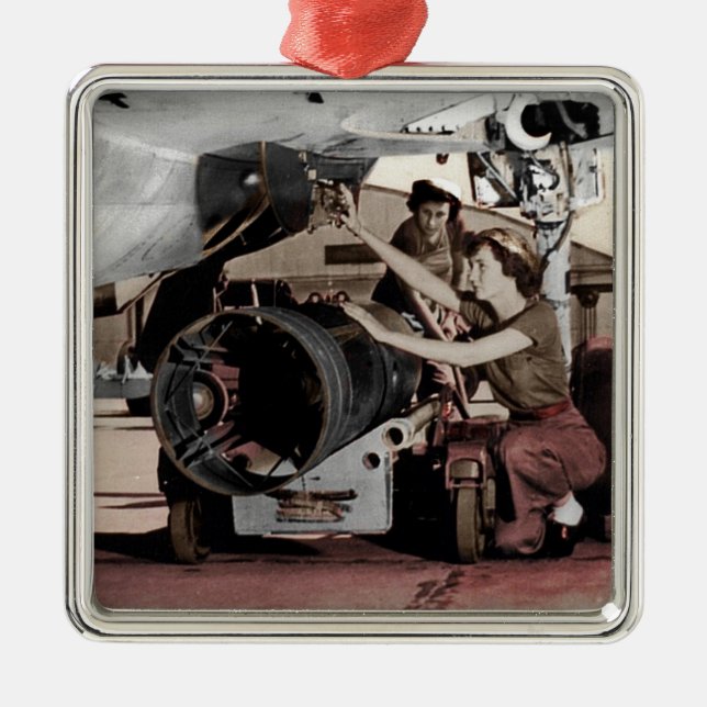 WWII Women Working on Aeroplane Metal Ornament (Front)