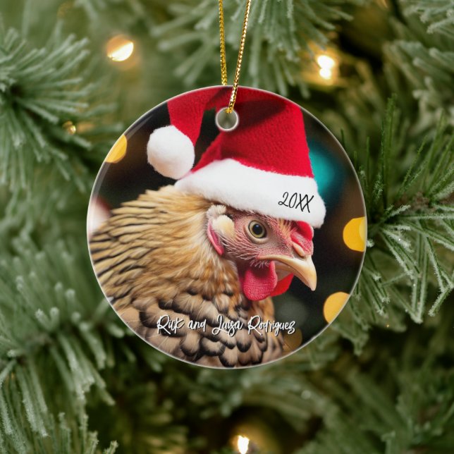 Wyandotte Chicken Wearing Santa Hat Christmas Ceramic Ornament (Tree)