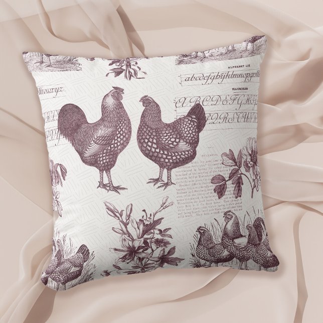Wyandottes Chicken and Rooster Vintage Toile Farm Cushion (Creator Uploaded)