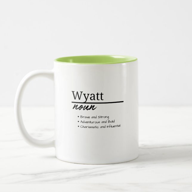 Wyatt, Boy Personalised Name Definition Two-Tone Coffee Mug (Left)