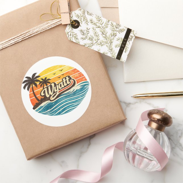 Wyatt Retro Sunset Name Design Classic Round Sticker (Gifting)