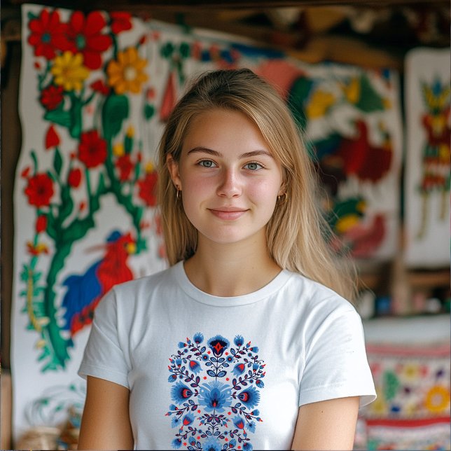  Wycinanki Lowicz Overture in Blue and Red T-Shirt (Blue polish folklore composition)