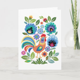 Wycinanki Rooster & Flowers, Polish Folk Style Card