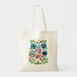 Wycinanki Rooster & Flowers, Polish Folk Style Tote Bag