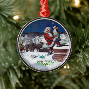 Wyeth - Santa Delivering Books for Christmas. Metal Ornament