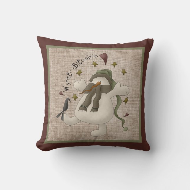 Wynter Blessings Primitive Snowman - Linen Look Cushion (Front)
