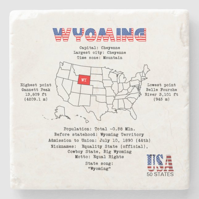 Wyoming American state on a map and useful info Stone Coaster (Front)