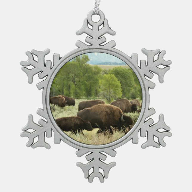 Wyoming Bison Nature Animal Photography Snowflake Pewter Christmas Ornament (Front)