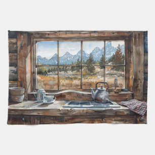 Wyoming Log Cabin Kitchen Watercolor with Grand Te Tea Towel
