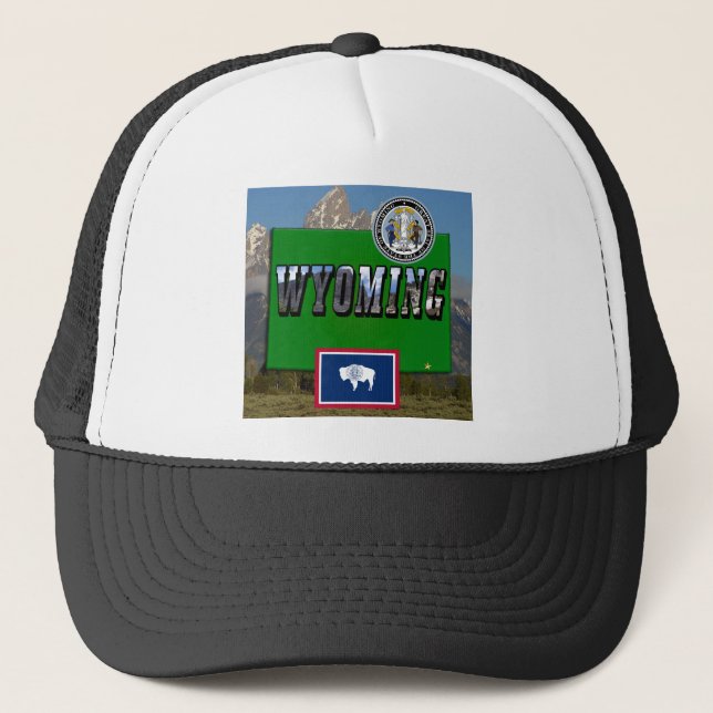 Wyoming Picture, Map, Flag and State Seal Trucker Hat (Front)
