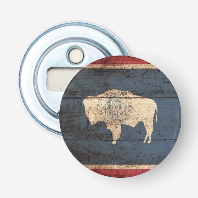 Wyoming State Flag on Old Wood Grain Bottle Opener (Front)