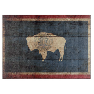 Wyoming State Flag on Old Wood Grain Cutting Board