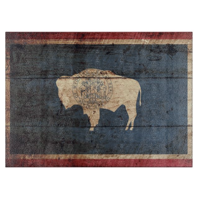 Wyoming State Flag on Old Wood Grain Cutting Board (Front)