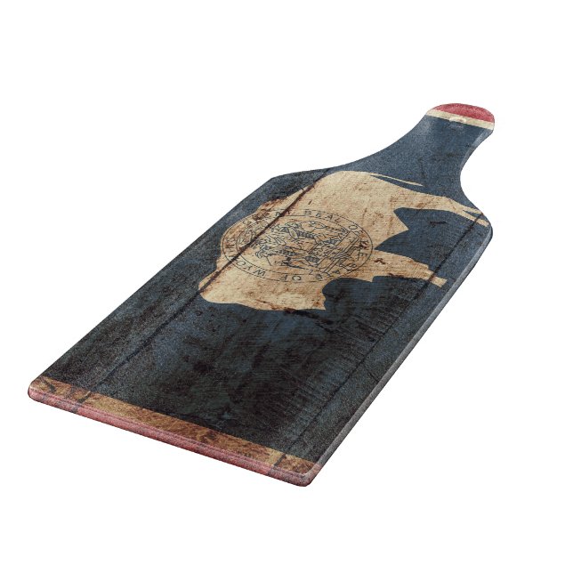 Wyoming State Flag on Old Wood Grain Cutting Board (Corner)