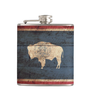 Wyoming State Flag on Old Wood Grain Hip Flask