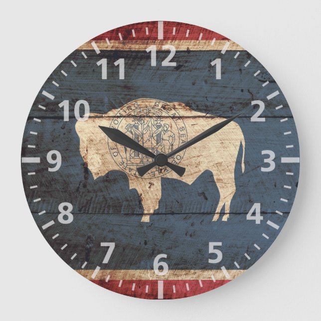 Wyoming State Flag on Old Wood Grain Large Clock (Front)