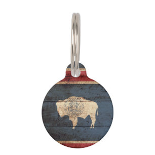 Wyoming State Flag on Old Wood Grain Pet Tag