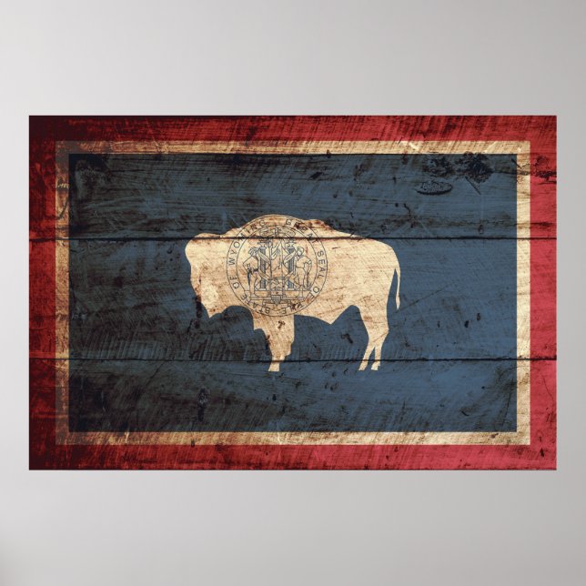 Wyoming State Flag on Old Wood Grain Poster (Front)