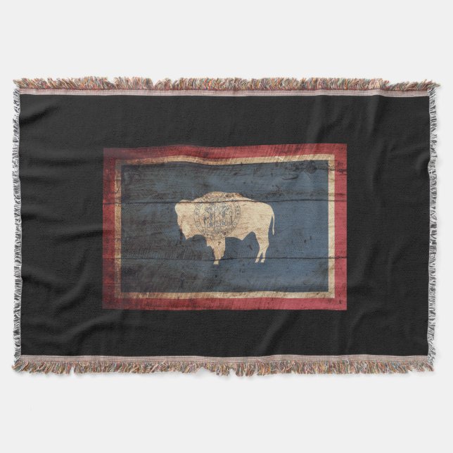 Wyoming State Flag on Old Wood Grain Throw Blanket (Front)