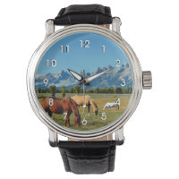 Wyoming, Teton Mountains, with Horses Grazing