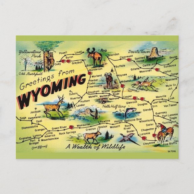 Wyoming Vintage Postcard Map (Front)