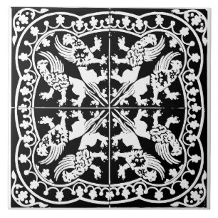 Wyvern Griffin Beast Mediaeval Black White Antique Ceramic Tile