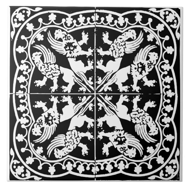 Wyvern Griffin Beast Mediaeval Black White Antique Ceramic Tile (Front)