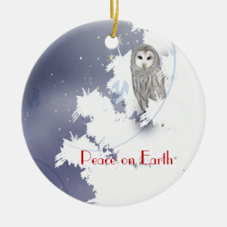 X003_Winter Owl, Peace on Earth Ceramic Ornament