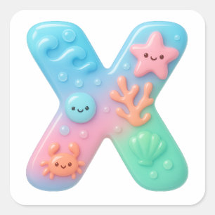 "X" Cute Letter - Underwater Sea Creature  Square Sticker