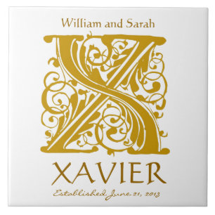 X Gold Monogram on White - Names Wedding Date Tile