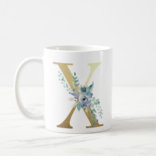 x, golden initial with blue floral foliage coffee mug (Left)