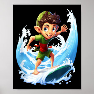 X-mas Christmas Elf Riding Surfboard Surfboard Poster