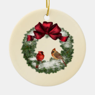 X-Mas Wreath and Birds Ceramic Ornament