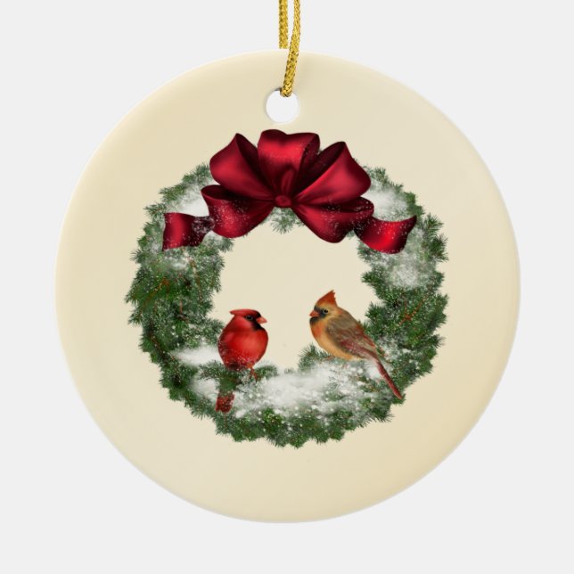 X-Mas Wreath and Birds Ceramic Ornament (Front)
