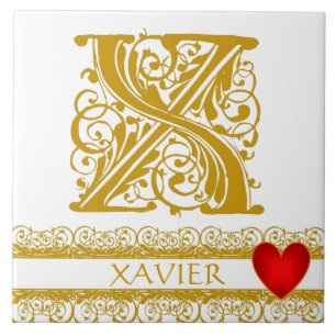 X Monogram Name Gold Lace Red Heart Template Tile