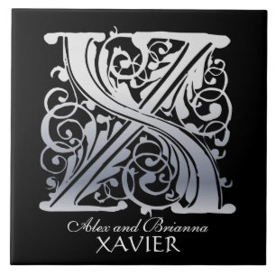 X Monogram "Silver Lace on Black" with Names Tile