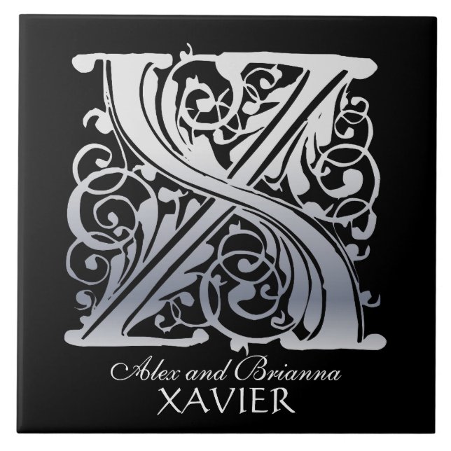 X Monogram "Silver Lace on Black" with Names Tile (Front)