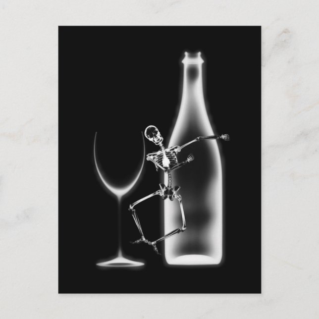 X-Ray Celebration Skeleton & Wine - B&W Postcard (Front)