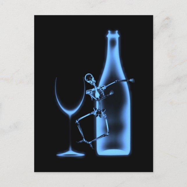 X-Ray Celebration Skeleton & Wine - Blue Postcard (Front)