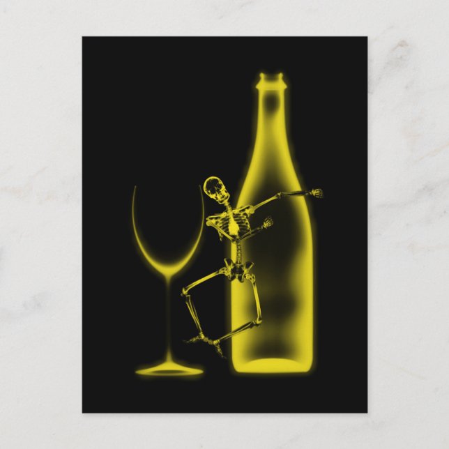 X-Ray Celebration Skeleton & Wine - Yellow Postcard (Front)