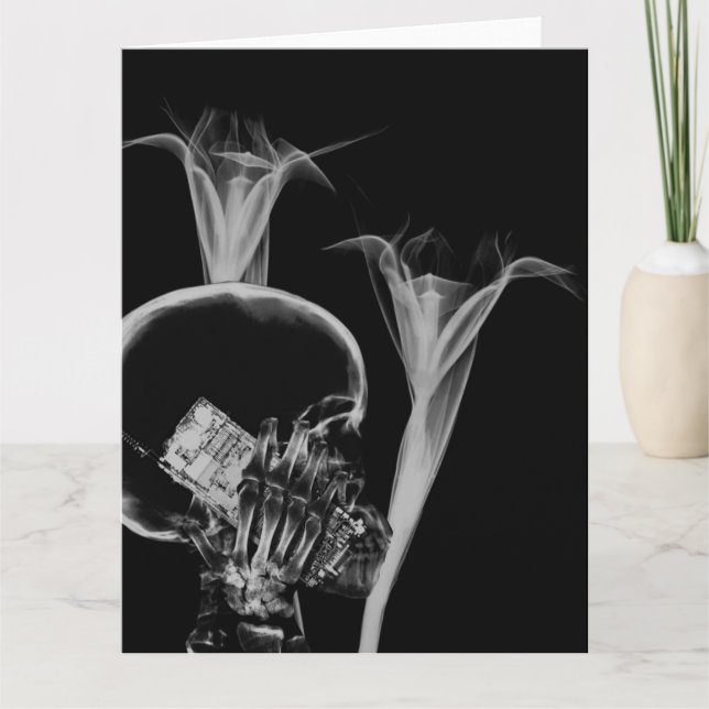 X-Ray Cell Phone Skull & Flowers - B&W Card (Front)