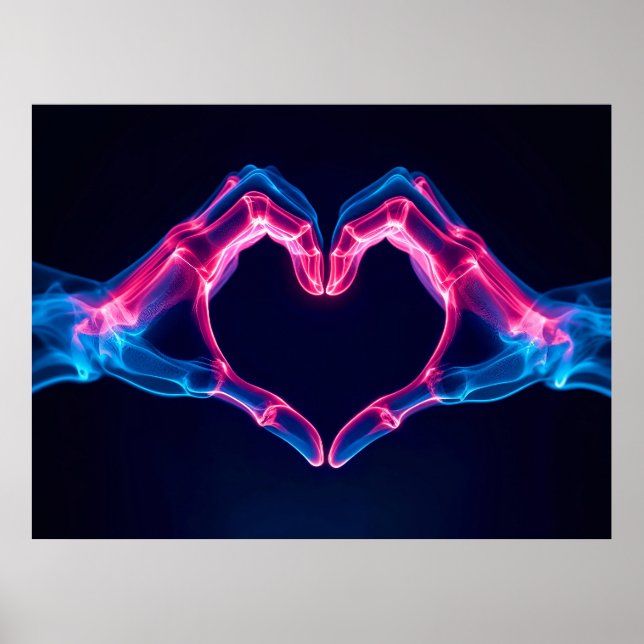 X-Ray of Hands in Heart Shape – Neon Pink and Blue Poster (Front)