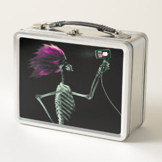 X-Ray Skeleton Blow Drying Hair Metal Lunch Box