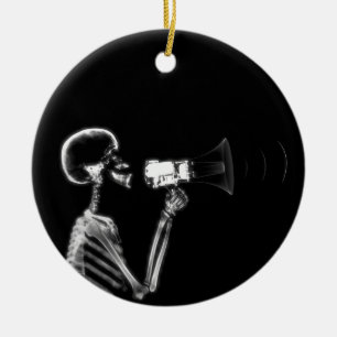 X-RAY SKELETON ON MEGAPHONE - B&W CERAMIC ORNAMENT
