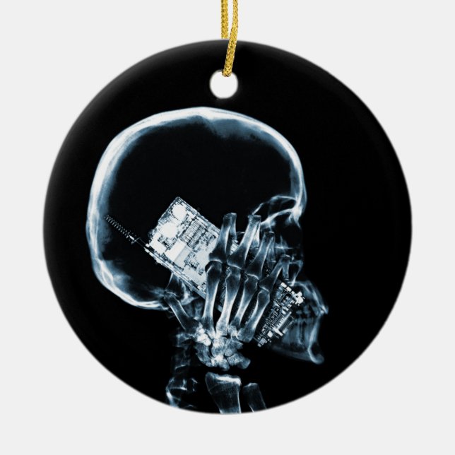 X-RAY SKELETON ON PHONE - BLUE CERAMIC ORNAMENT (Front)