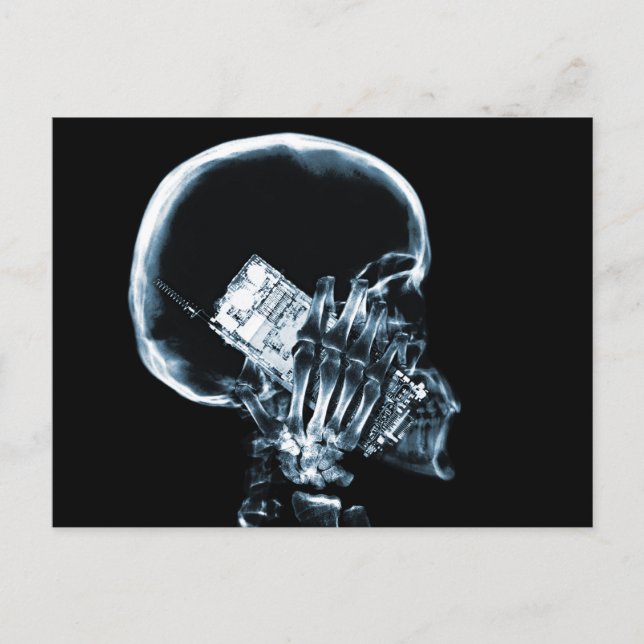 X-RAY SKELETON ON PHONE - BLUE POSTCARD (Front)