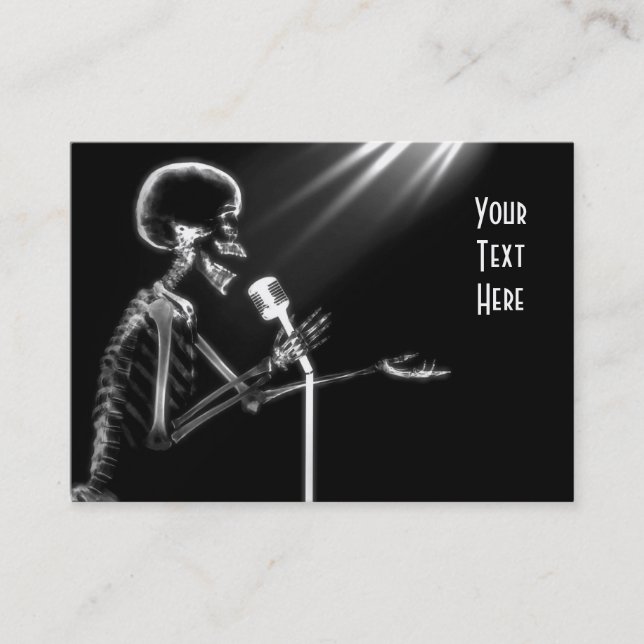 X-RAY SKELETON SINGING ON RETRO MIC - B&W BUSINESS CARD (Front)
