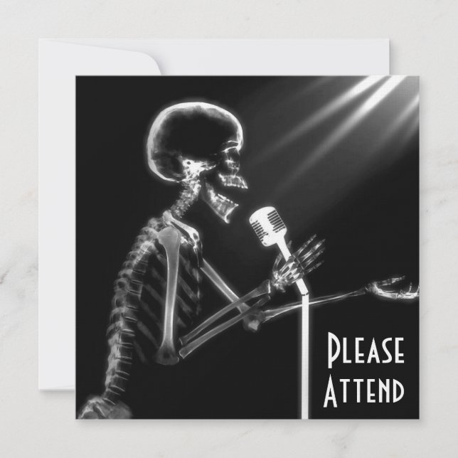X-RAY SKELETON SINGING ON RETRO MIC - B&W INVITATION (Front)