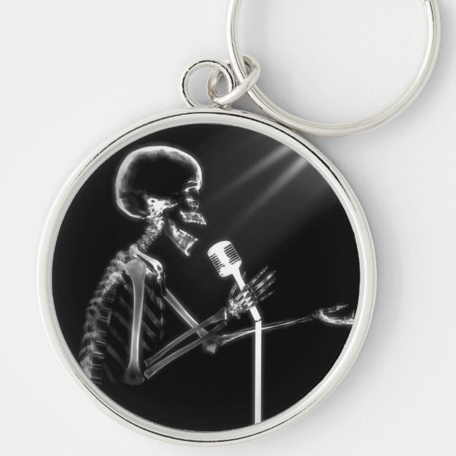 X-RAY SKELETON SINGING ON RETRO MIC - B&W KEY RING (Front)