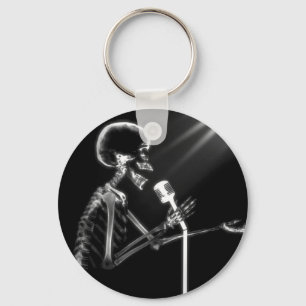 X-RAY SKELETON SINGING ON RETRO MIC - B&W KEY RING